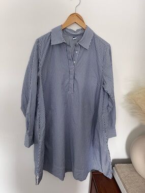 Old Navy Navy and White Vertical Stripe Midi Shirt Dress